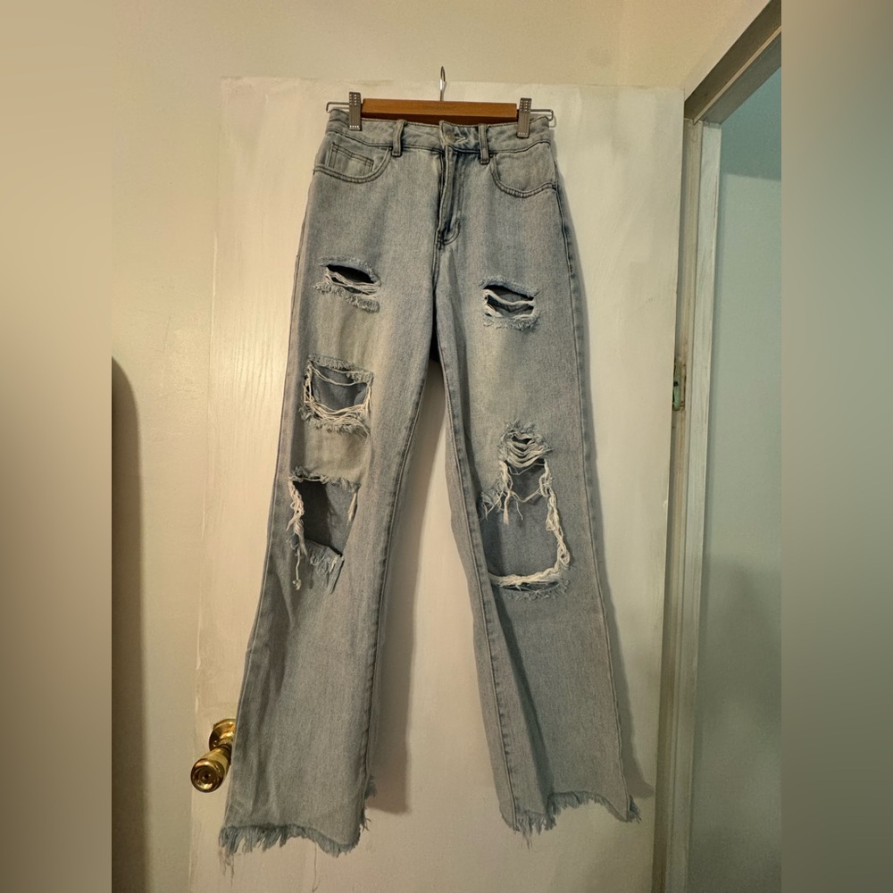 PacSun Blue Straight Leg Jeans with Distressed Details